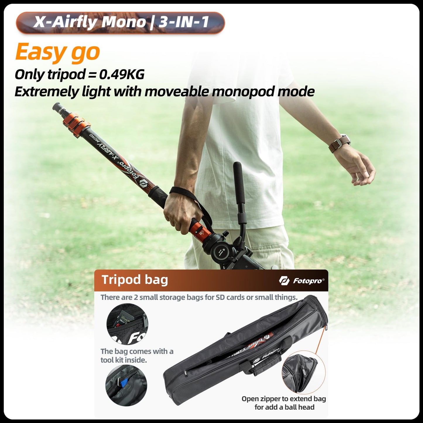 (搜索不到)Fotopro 73" 3 - in - 1 Carbon Fiber Monopod with Pedal, X - Airfly Monopod( Orange ) - Fotopro AMZ