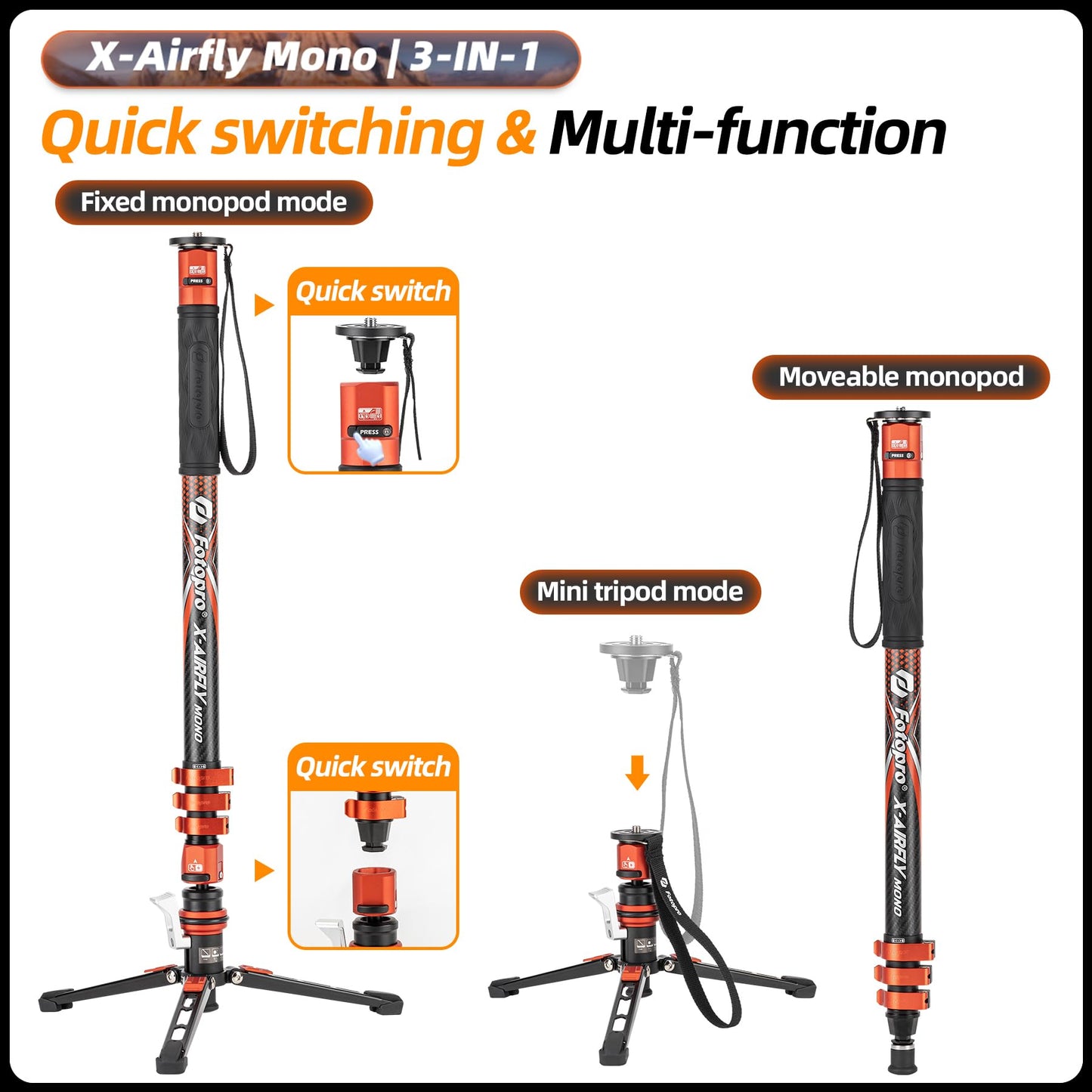(搜索不到)Fotopro 73" 3 - in - 1 Carbon Fiber Monopod with Pedal, X - Airfly Monopod( Orange ) - Fotopro AMZ