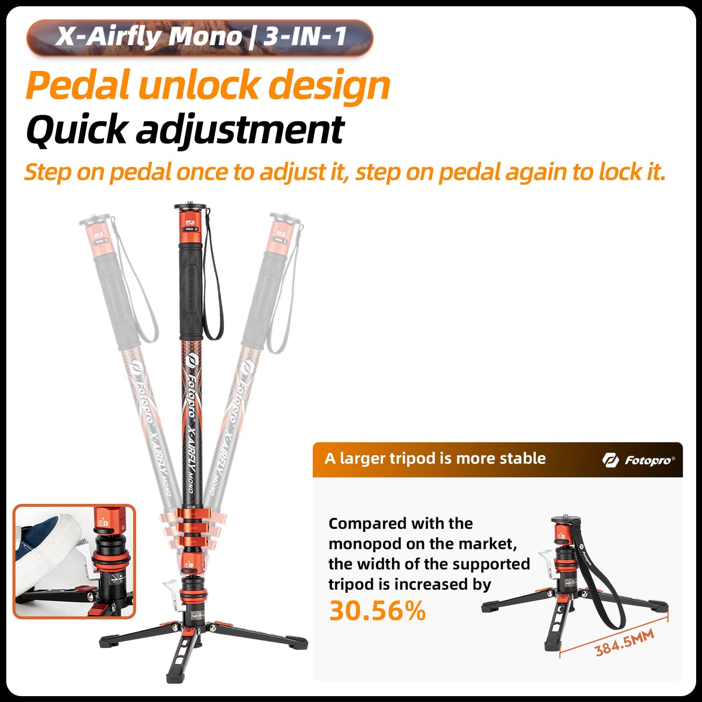 (搜索不到)Fotopro 73" 3 - in - 1 Carbon Fiber Monopod with Pedal, X - Airfly Monopod( Orange ) - Fotopro AMZ
