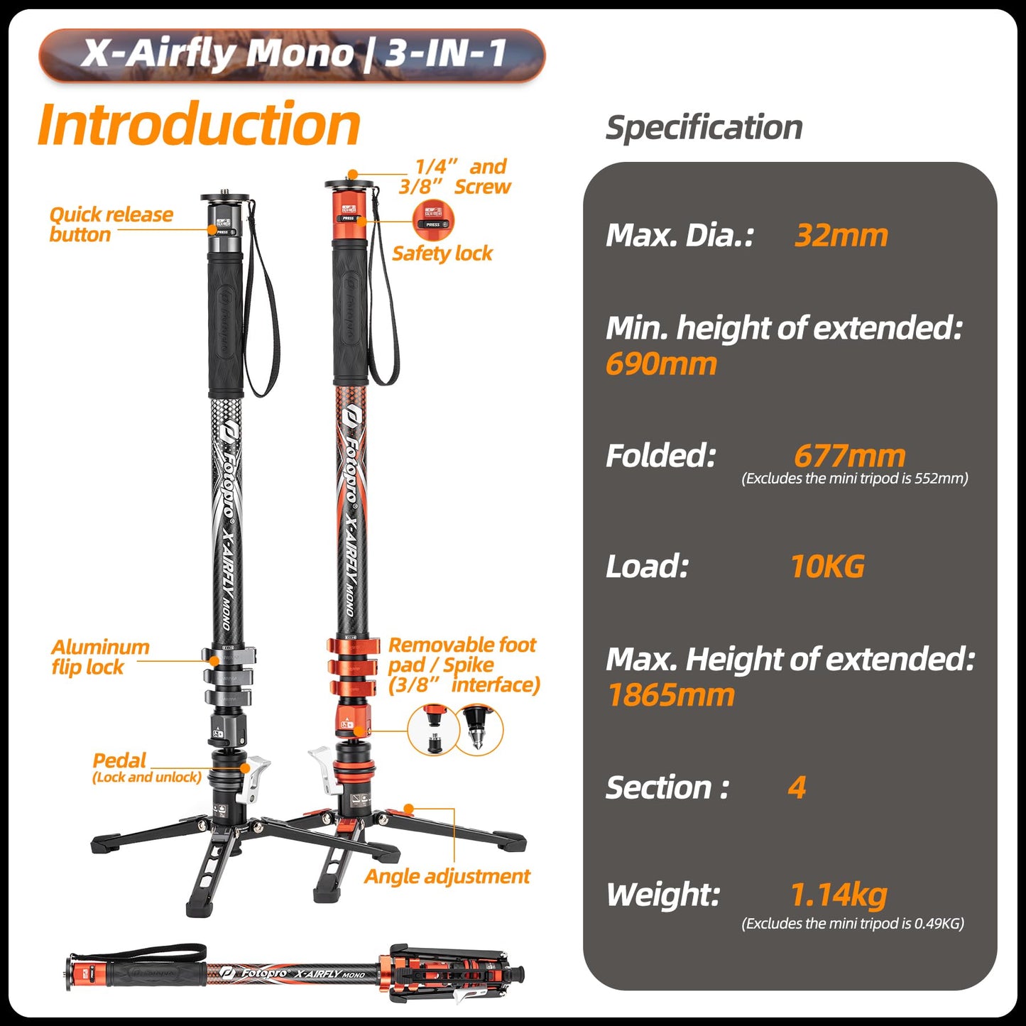 (搜索不到)Fotopro 73" 3 - in - 1 Carbon Fiber Monopod with Pedal, X - Airfly Monopod( Orange ) - Fotopro AMZ