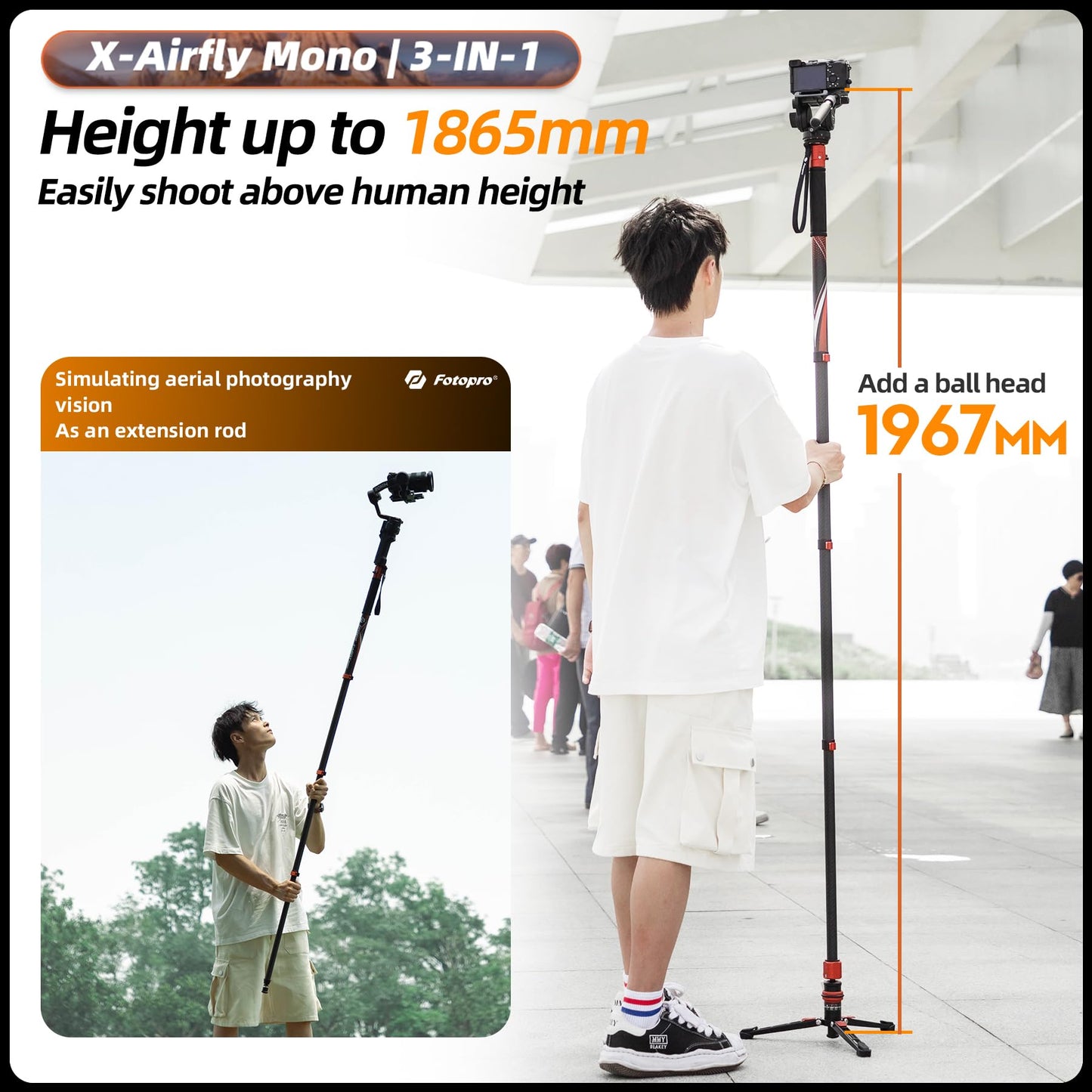 (搜索不到)Fotopro 73" 3 - in - 1 Carbon Fiber Monopod with Pedal, X - Airfly Monopod( Orange ) - Fotopro AMZ