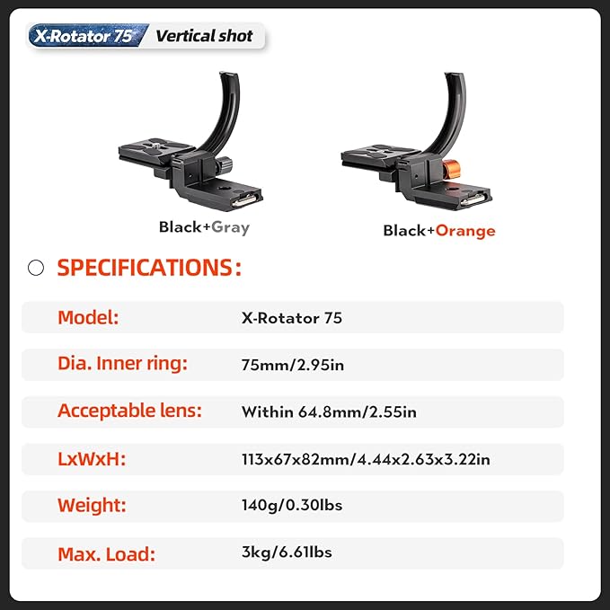 Fotopro Camera Vertical Bracket & Rotatable Lens Mount Ring, Arca - Type Tripod Collar Plate for DSLR/SLR, Horizontal & Vertical Shooting (64.8mm Lens) - Fotopro AMZ
