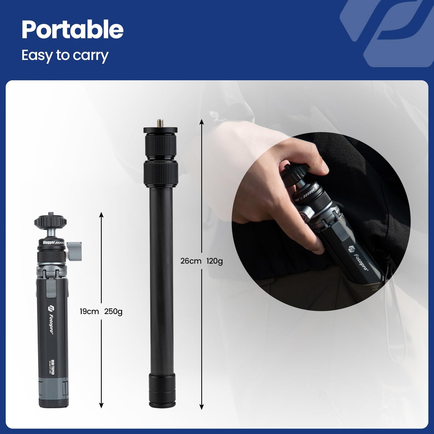 Fotopro Mini Camera Tripod Kit, Extendable Small Desktop Tripod with Carbon Fiber 3 Section Center Cloum Ball Head Adapter for iPhone Max Height 35 inch, Load up to 3Kg 6.61 lb - Fotopro AMZ