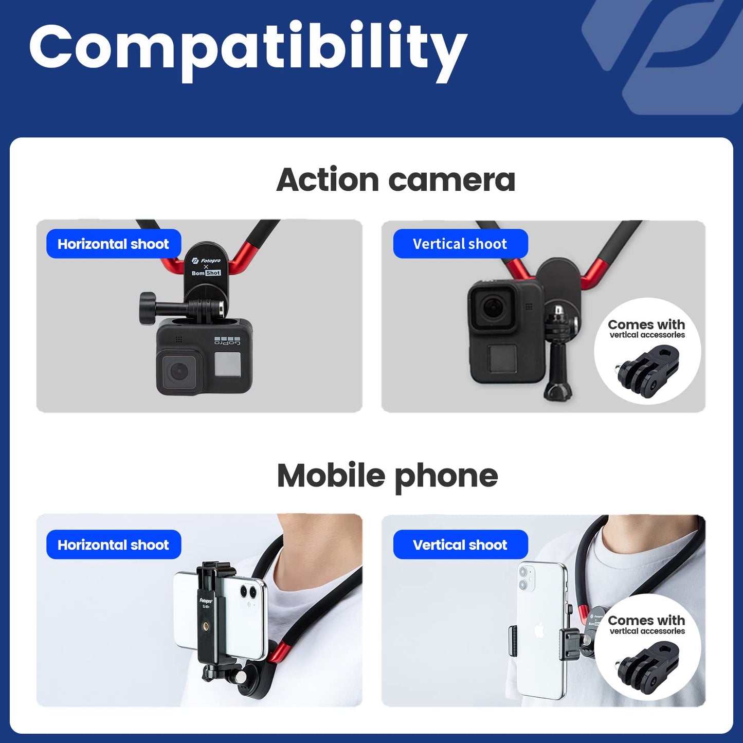 Fotopro POV Neck Selfie Holder with Clip Vertical Mount Kit Flexible Silicone Neck Holder Mount for GoPro iPhone Insta Action Camera - Fotopro AMZ