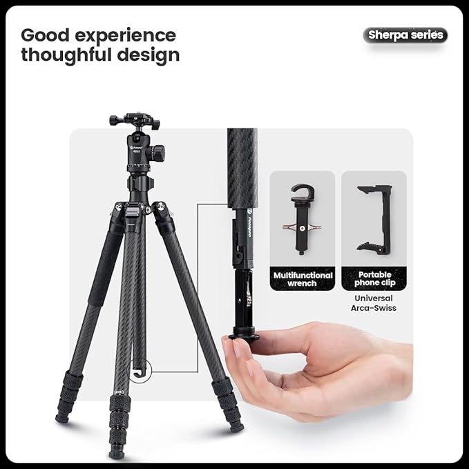 Fotopro Sherpa Plus 64" Carbon Fiber Tripod, 4 - Section Ball Head with Quick Release Plate, Max Load 22lbs, Compatible with DSLR, Camcorder, Black - Fotopro AMZ