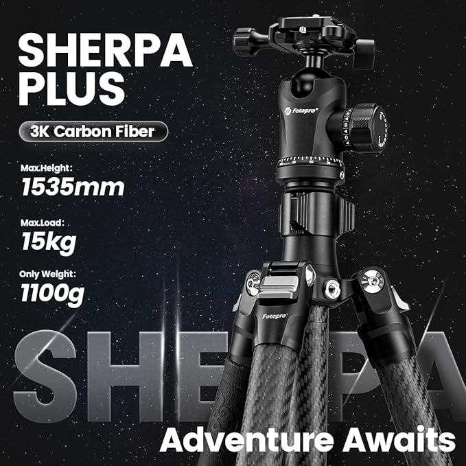 Fotopro Sherpa Plus 64" Carbon Fiber Tripod, 4 - Section Ball Head with Quick Release Plate, Max Load 22lbs, Compatible with DSLR, Camcorder, Black - Fotopro AMZ