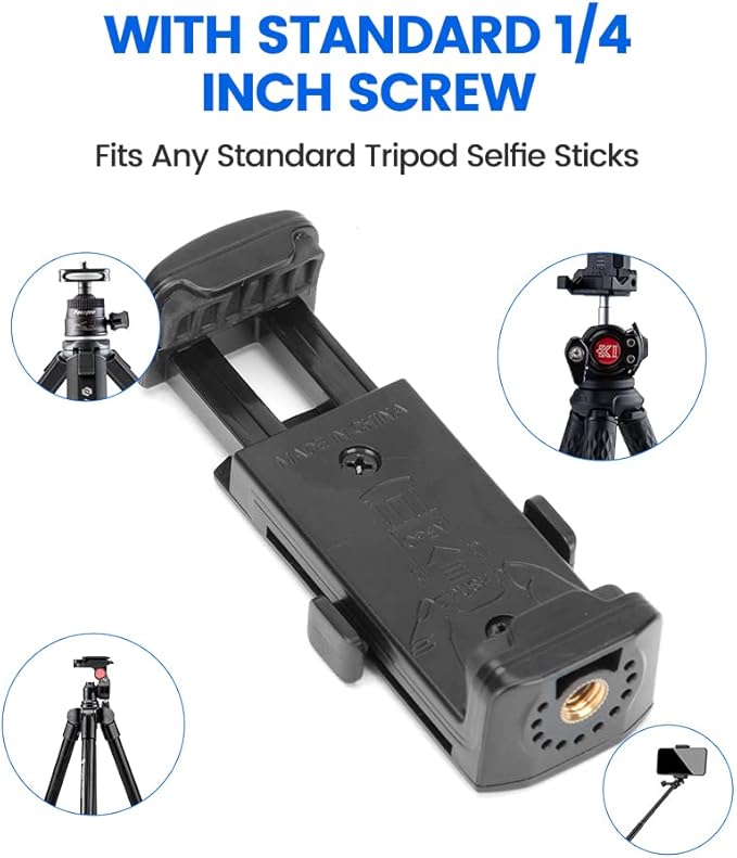 Phone Tripod Mount with 1/4" Screw – Black Universal Adapter for Monopod, Selfie Stick, Tripod, Vlogging - Fotopro AMZ