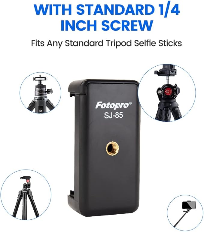 Phone Tripod Mount with 1/4" Screw – Universal Holder Adapter for Monopod, Selfie Stick, Tripod, Vlogging - Fotopro AMZ