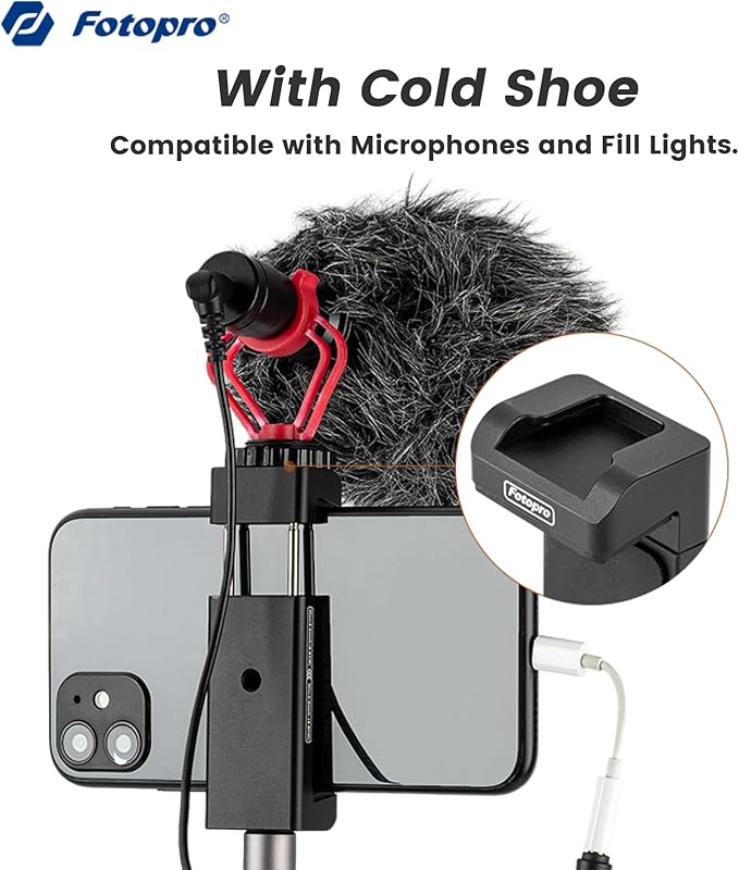 Phone Tripod Mount with Cold Shoe – Adjustable Holder for Monopod, Selfie Stick, Tripod, Vlogging - Fotopro AMZ