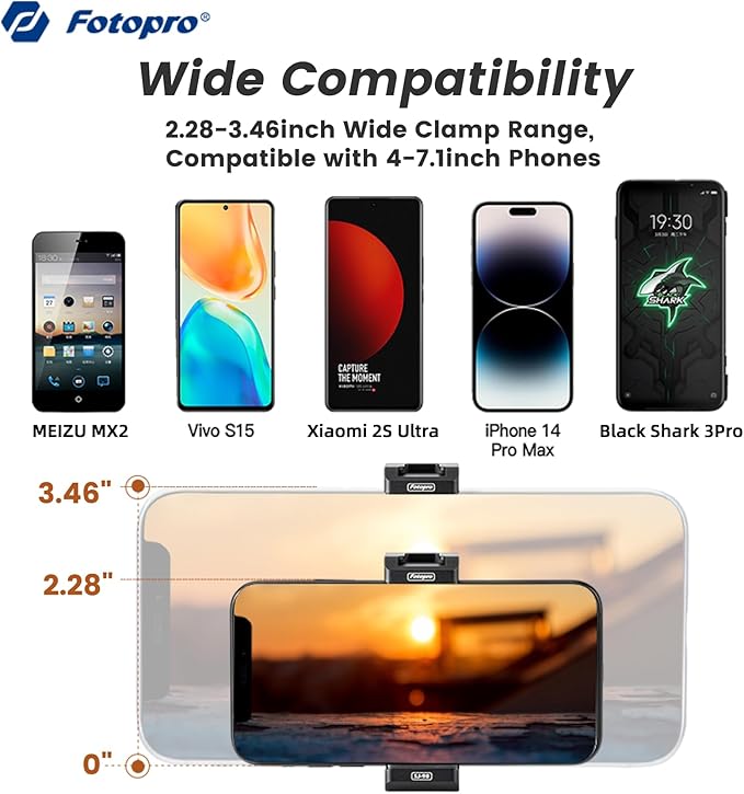 Phone Tripod Mount with Cold Shoe – Adjustable Holder for Monopod, Selfie Stick, Tripod, Vlogging - Fotopro AMZ