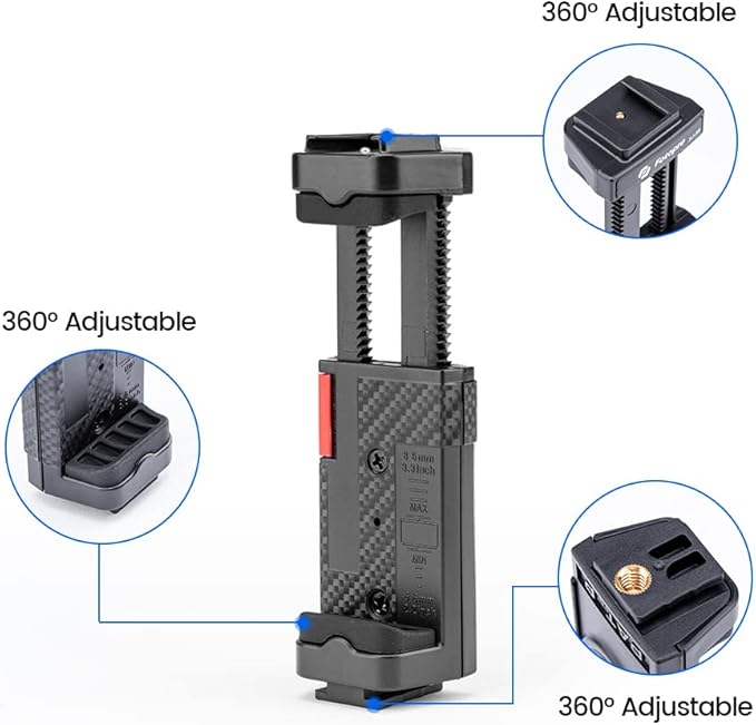 Phone Tripod Mount with Cold Shoe – Adjustable Universal Holder for Monopod, Selfie Stick, Tripod, Vlogging - Fotopro AMZ