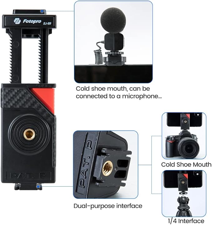 Phone Tripod Mount with Cold Shoe – Adjustable Universal Holder for Monopod, Selfie Stick, Tripod, Vlogging - Fotopro AMZ