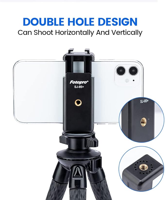 Phone Tripod Mount with Cold Shoe – Universal Cell Phone Holder for Monopod, Selfie Stick, Tripod, Vlogging - Fotopro AMZ