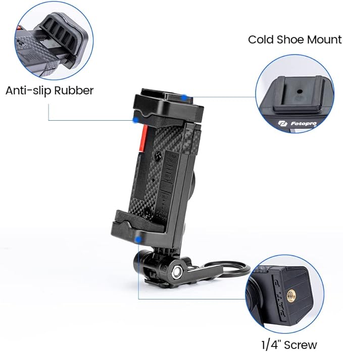 Phone Tripod Mount with Cold Shoe – Universal Clip for Monopod, Selfie Stick, Desktop Tripod, Vlogging - Fotopro AMZ
