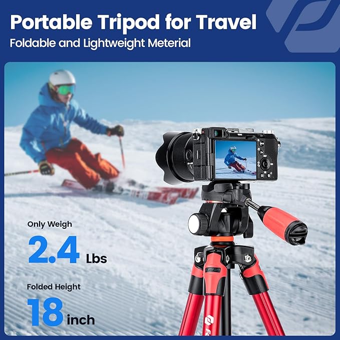 60" Camera Tripod with Carry Bag, Fotopro Lightweight Travel Tripod for Phone & DSLR, 1/4 Screw Quick Release Plate, Max Load 5.5lbs, Red - Fotopro AMZ