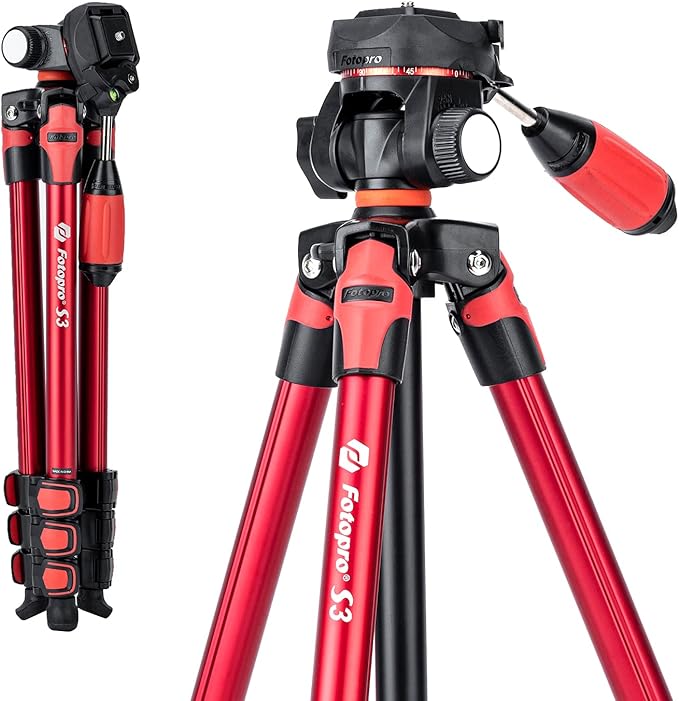 60" Camera Tripod with Carry Bag, Fotopro Lightweight Travel Tripod for Phone & DSLR, 1/4 Screw Quick Release Plate, Max Load 5.5lbs, Red - Fotopro AMZ