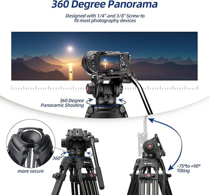 63" Video Tripod, 360° Fluid Head, Quick Release Plate, Max Load 17.64lbs, Aluminum Heavy Duty - Fotopro AMZ