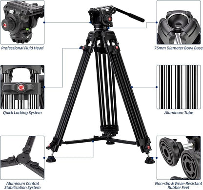 63" Video Tripod, 360° Fluid Head, Quick Release Plate, Max Load 17.64lbs, Aluminum Heavy Duty - Fotopro AMZ