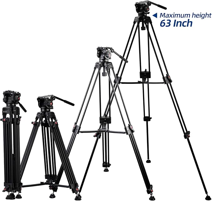 63" Video Tripod, 360° Fluid Head, Quick Release Plate, Max Load 17.64lbs, Aluminum Heavy Duty - Fotopro AMZ