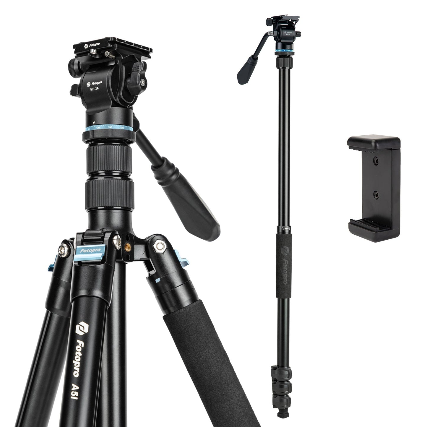 80" Compact Travel Tripod/Monopod, Fluid Head. A5I Video - Fotopro