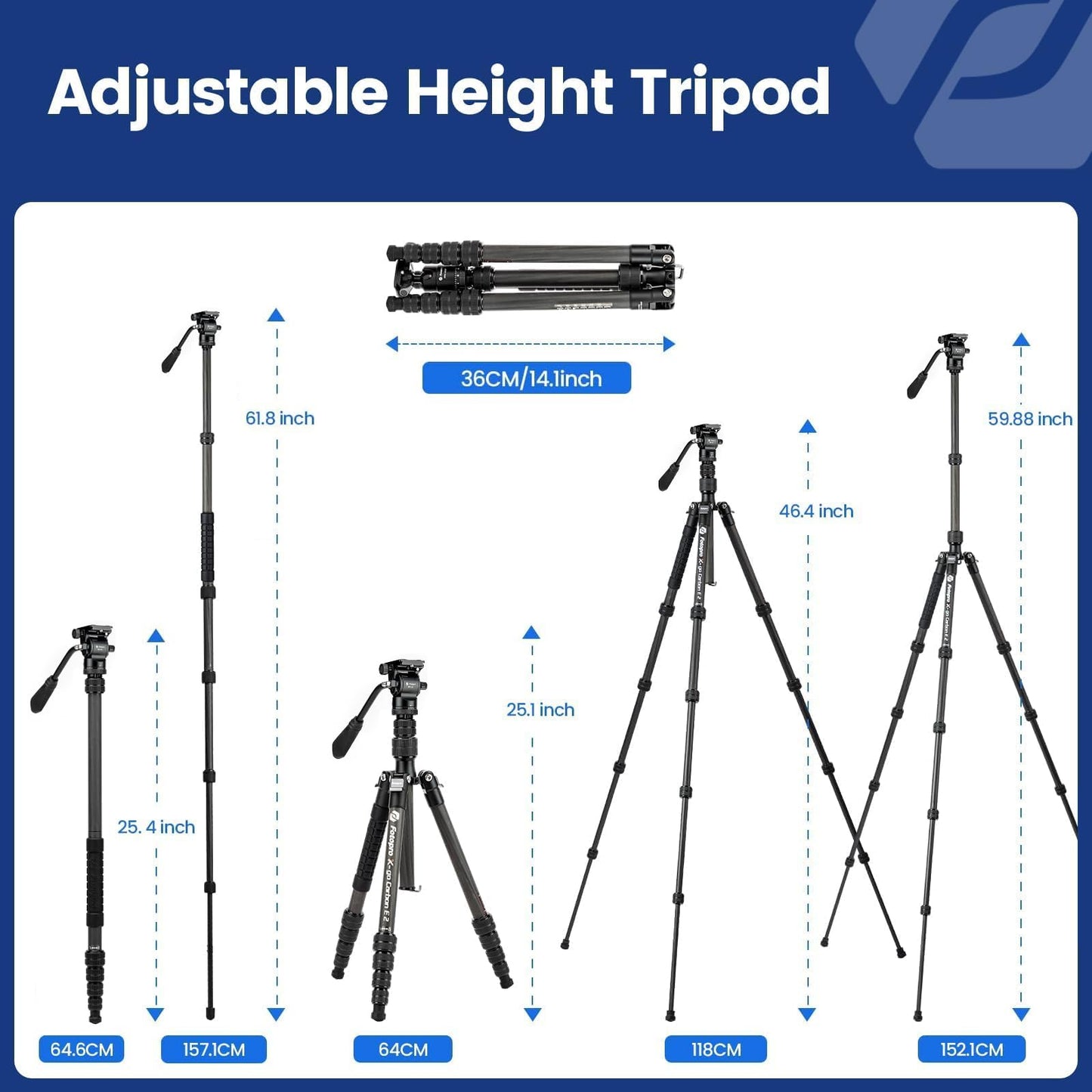 Fotopro 59" Carbon Fiber Travel Tripod, Compact Camera Tripod with Fluid Head, Detachable Monopod with Quick Release Plate and Bag, Video Tripod Load up to 8KG/17.63lbs - Fotopro AMZ