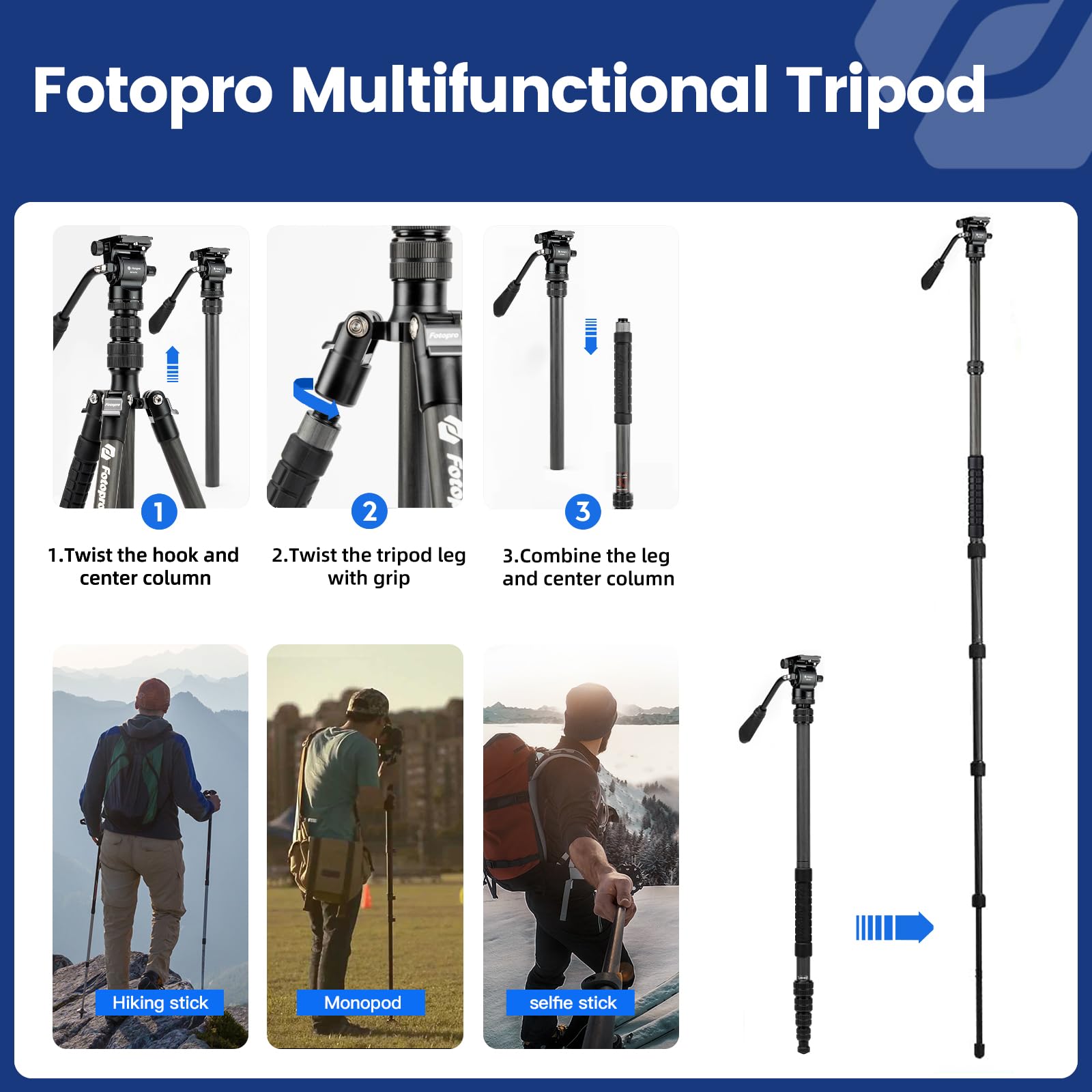 Fotopro 59" Carbon Fiber Travel Tripod, Compact Camera Tripod with Fluid Head, Detachable Monopod with Quick Release Plate and Bag, Video Tripod Load up to 8KG/17.63lbs - Fotopro AMZ