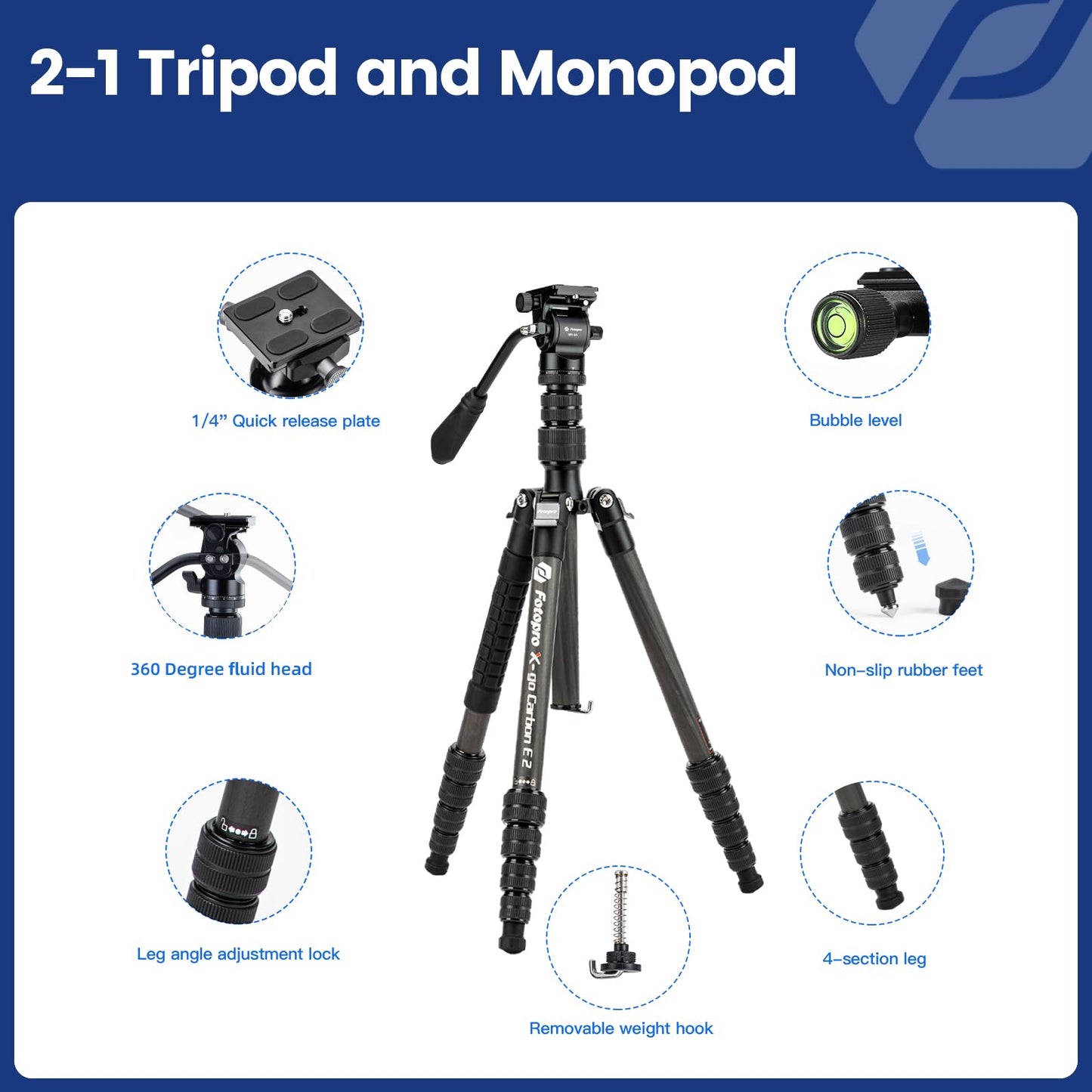 Fotopro 59" Carbon Fiber Travel Tripod, Compact Camera Tripod with Fluid Head, Detachable Monopod with Quick Release Plate and Bag, Video Tripod Load up to 8KG/17.63lbs - Fotopro AMZ