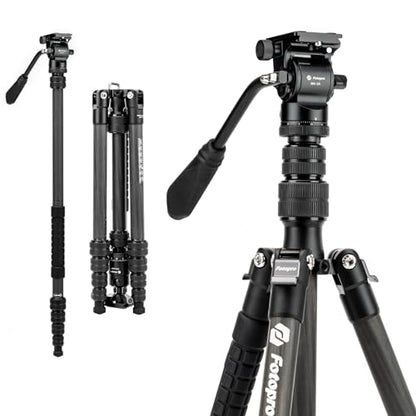 Fotopro 59" Carbon Fiber Travel Tripod, Compact Camera Tripod with Fluid Head, Detachable Monopod with Quick Release Plate and Bag, Video Tripod Load up to 8KG/17.63lbs - Fotopro AMZ