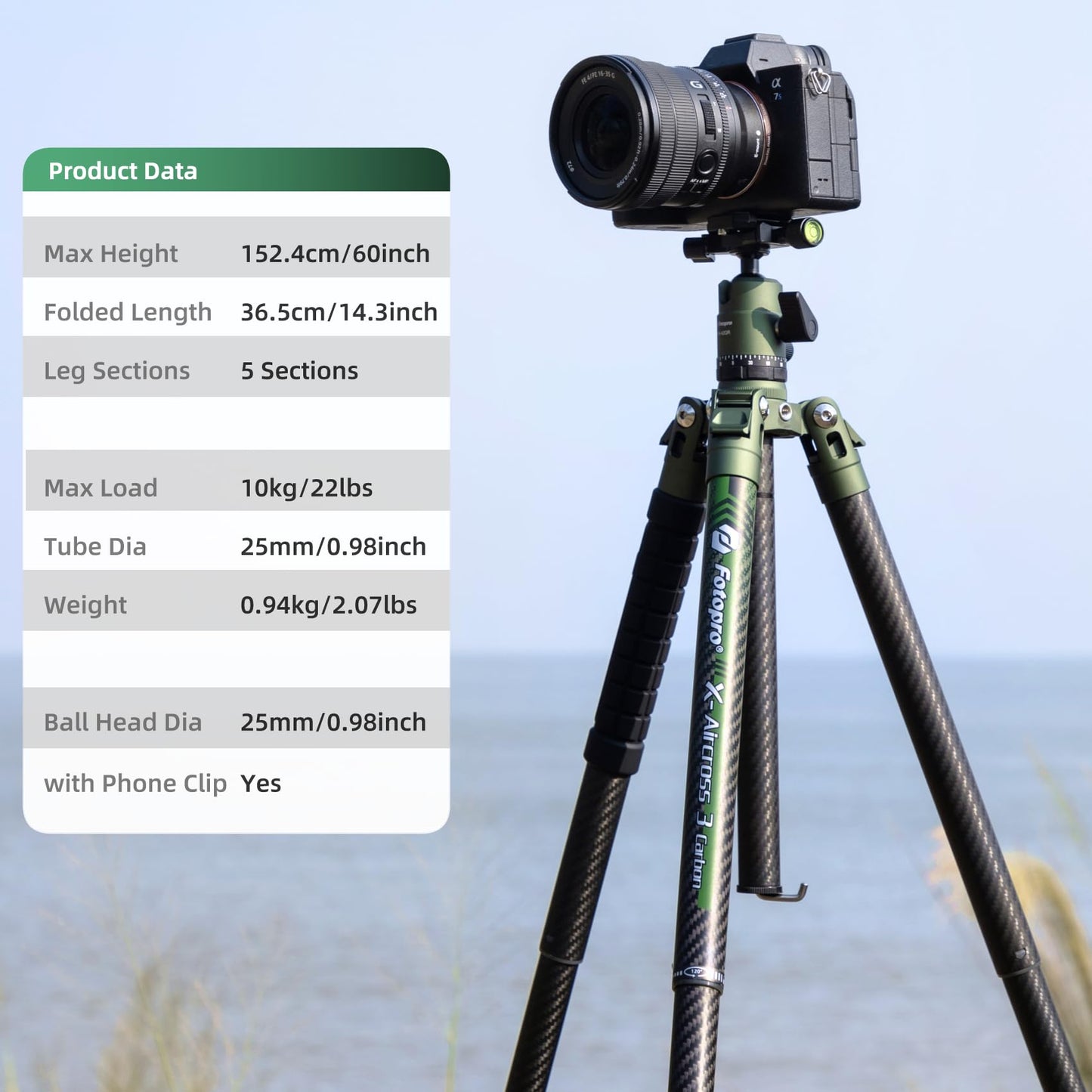 Fotopro 60'' Carbon Fiber Tripod, X - Aircross 3 Green - Fotopro AMZ