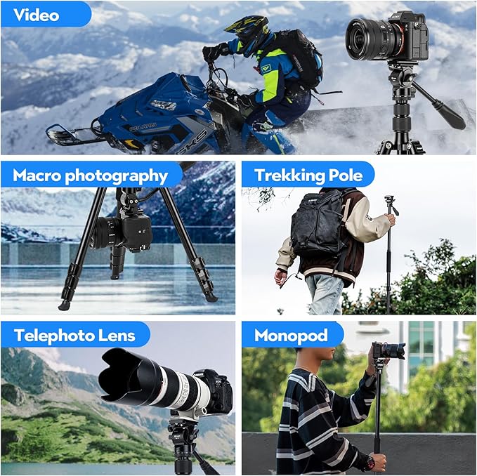 Fotopro 65" Aluminum Camera Tripod with Fluid Head, Quick Release Plate, Detachable Monopod for DSLR, Max Load 6.6lbs - Fotopro AMZ