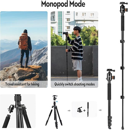 Fotopro 65" Aluminum Camera Tripod with Fluid Head, Quick Release Plate, Detachable Monopod for DSLR, Max Load 6.6lbs - Fotopro AMZ