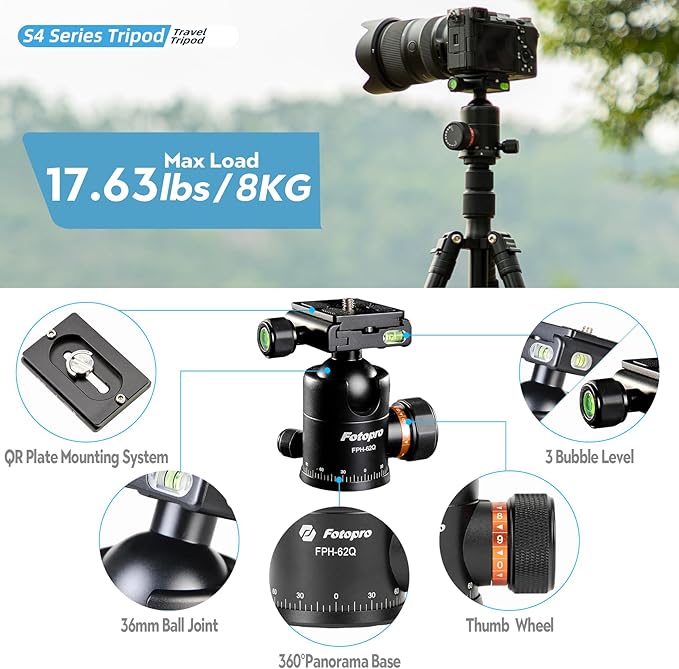 Fotopro 66" Aluminum Camera Tripod & Monopod, 360° Ball Head with Quick Release Plate, Max Load 22lbs, for DSLR & Video - Fotopro AMZ