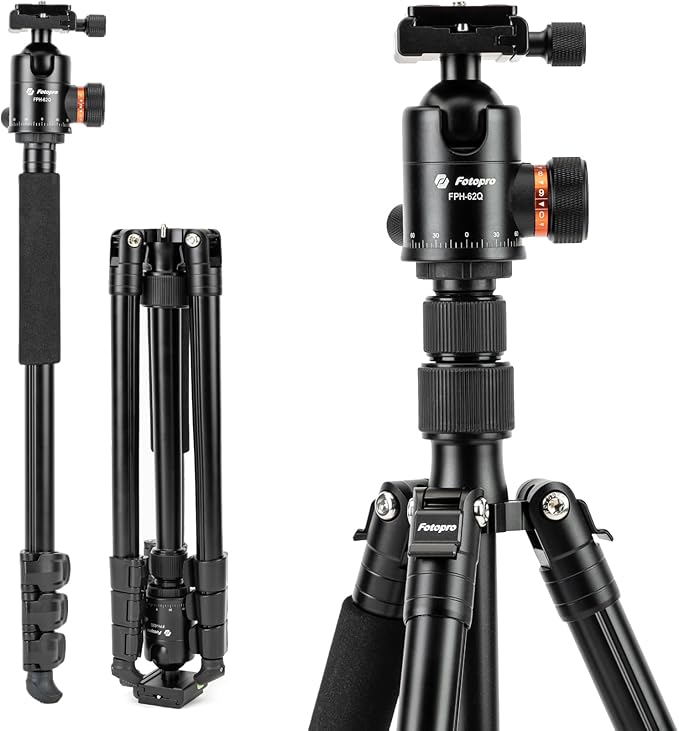 Fotopro 66" Aluminum Camera Tripod & Monopod, 360° Ball Head with Quick Release Plate, Max Load 22lbs, for DSLR & Video - Fotopro AMZ