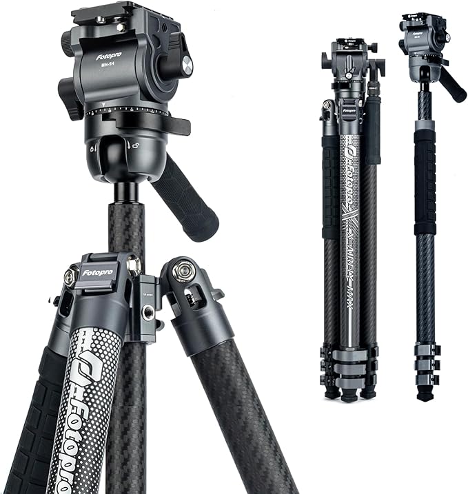 Fotopro 67.3" Carbon Fiber Tripod, Hydraulic Pan - Tilt Head, Flip Lock, Monopod, Heavy Duty Stable Tripod for DSLR & Video, X - AIRFLY Max, Grey - Fotopro AMZ