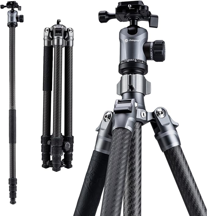 Fotopro 69" Carbon Fiber Tripod, 360° Ball Head with Quick Release Plate, Compatible with Canon, Nikon, Sony DSLR & Camcorder, Grey - Fotopro AMZ