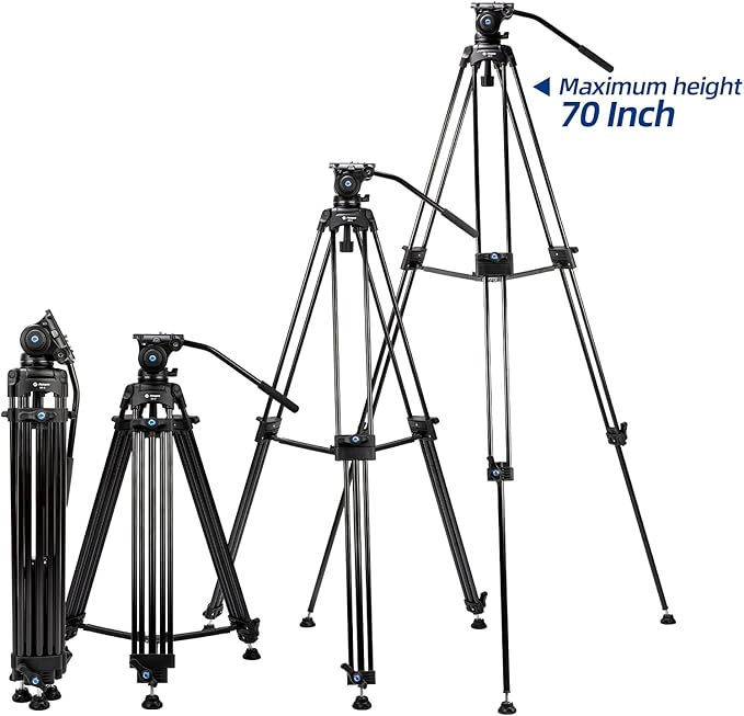 Fotopro 70" Video Tripod, 360° Fluid Head with Quick Release Plate, Heavy Duty Aluminum, Max Load 17.64lbs - Fotopro AMZ