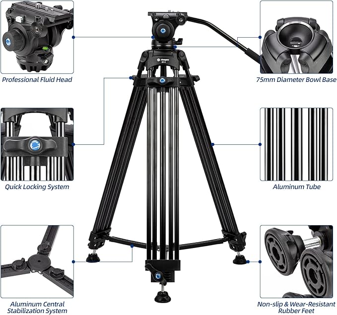 Fotopro 70" Video Tripod, 360° Fluid Head with Quick Release Plate, Heavy Duty Aluminum, Max Load 17.64lbs - Fotopro AMZ