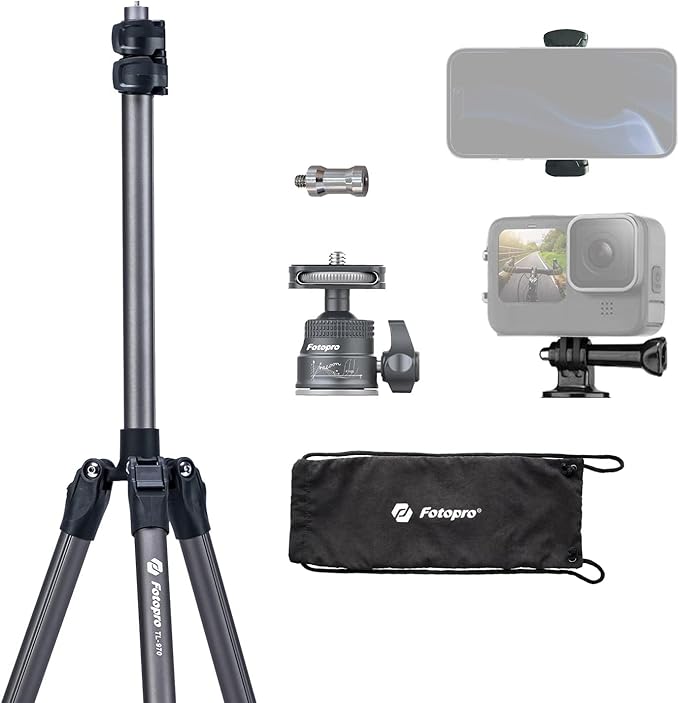 Fotopro 79" Light Stand, 3 - in - 1 with Ball Head, Phone Mount & Actioncam Adapter, Travel Tripod for DSLR, Softbox, Reflector - Fotopro AMZ