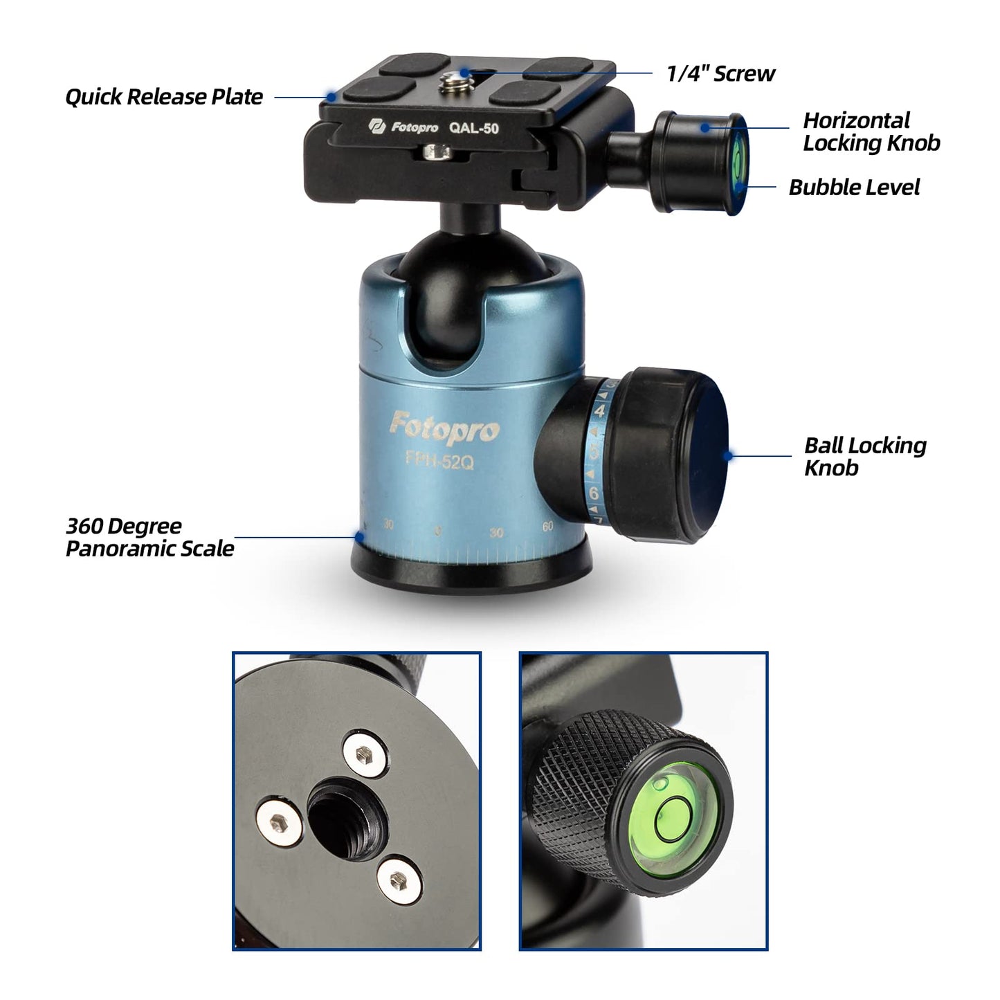 Fotopro Camera Tripod Ball Head with 1/4 Inch Quick Release Plate FPH Series - Fotopro AMZ