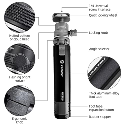 Fotopro Extendable Mini Camera Tripod, Aluminum Alloy Handheld Tripod with Ball Head Phone Holder Universal Tablet Phone Tripod Mount Bluetooth Remote Control for Phone DSLR Camera - Fotopro AMZ