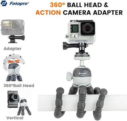 Fotopro Flexible Mini Tripod with Cold Shoe, 360° Ball Head, Action Adapter & Selfie Stick for Vlogging & Live Streaming (UFO3 Pro Grey) - Fotopro AMZ