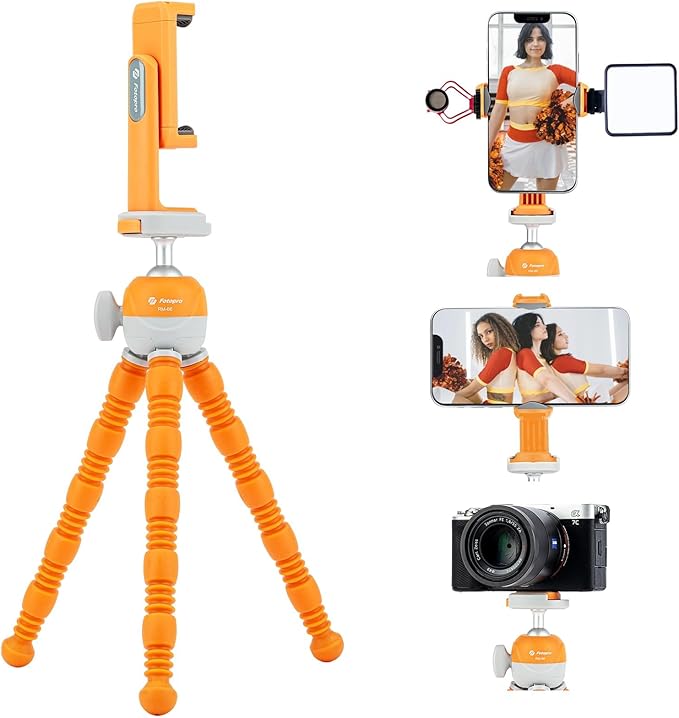 Fotopro Flexible Mini Tripod with Cold Shoe, 360° Ball Head, Selfie Stick for Vlogging & Live Streaming, Orange - Fotopro AMZ