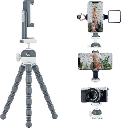 Fotopro Flexible Mini Tripod with Cold Shoe Phone Holder & 360° Ball Head, Selfie Stick for Vlogging & Live Streaming (UFO3 Grey) - Fotopro AMZ