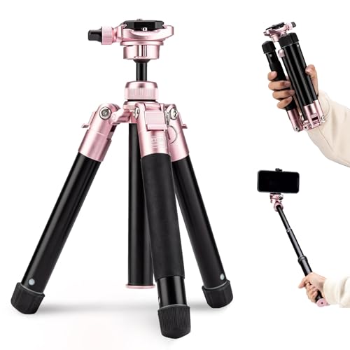 Fotopro FY820 55" Mini Tripod, 1.6lbs Lightweight Camera Tripod with 360 Degree Ball Head Phone Mount for Selfie Vlog Max Load up to 6.6 lbs Foldable Size 8.6,Pink - Fotopro AMZ