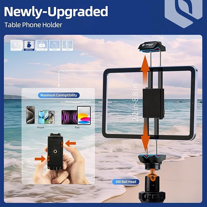 Fotopro iPad Tripod 360° Ball Head, Cold Shoe Tablet & Phone Mount, Flexible Stand for Video Recording, Vlogging, Selfie, Live Streaming & Makeup - Fotopro AMZ