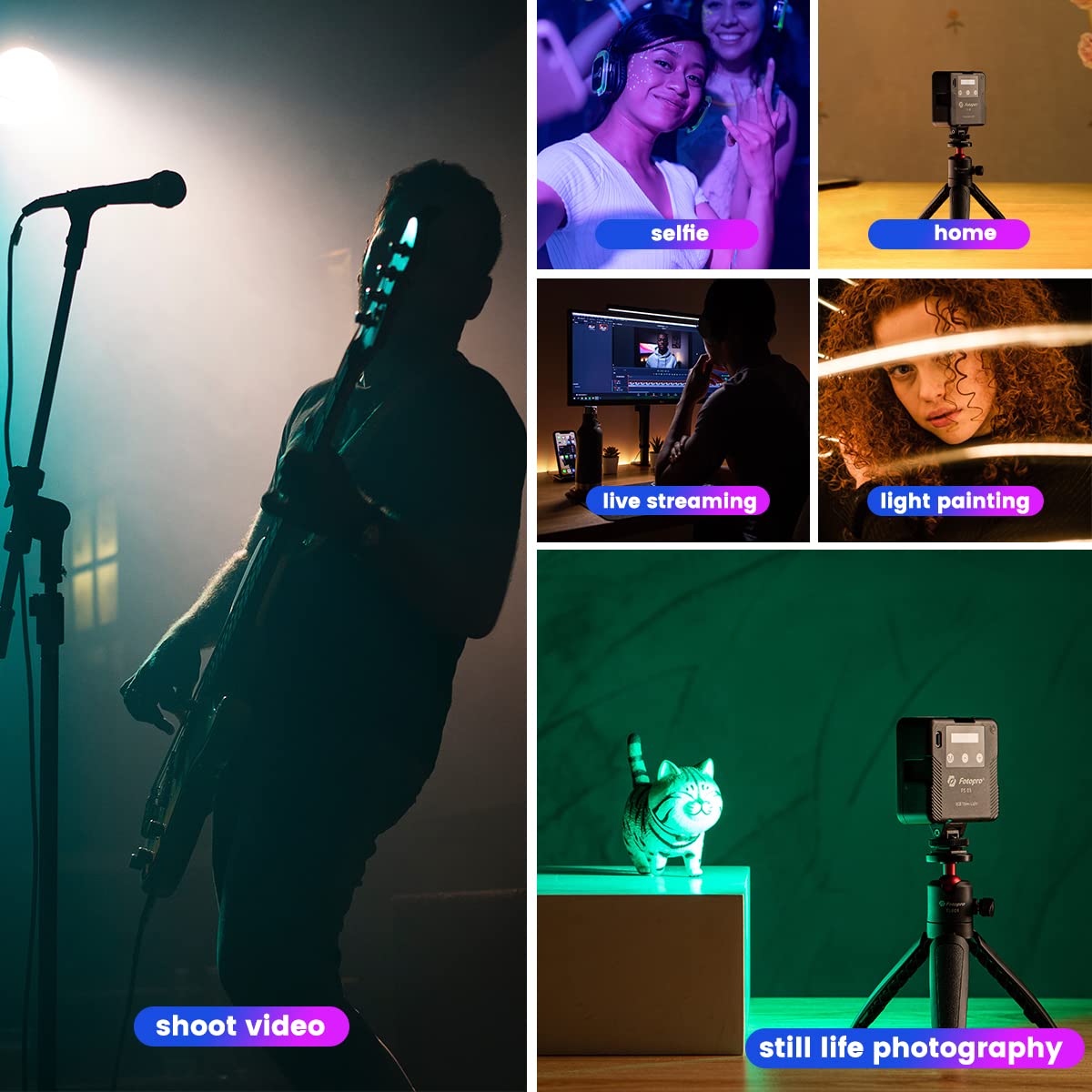 Fotopro RGB Video Lights Cold Shoe 2500 - 9000K Dimmable 2000mAh Rechargeable Full Color Portable Fill Light for YouTube Photography Vlog Game Black - Fotopro AMZ