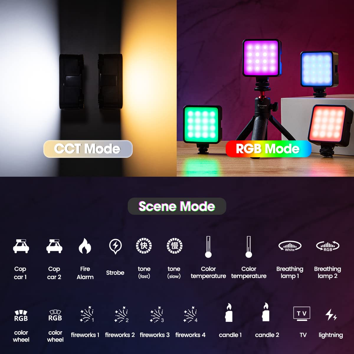 Fotopro RGB Video Lights Cold Shoe 2500 - 9000K Dimmable 2000mAh Rechargeable Full Color Portable Fill Light for YouTube Photography Vlog Game Black - Fotopro AMZ