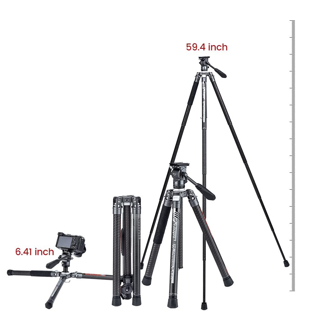 Fotopro Video Travel Tripod 60'' Lightweight 2.18lbs Carbon Fiber Camera Tripod with Quick Release 1/4" Screw Video Head for DSLR Camera Projector Maxload 22lbs Grey - Fotopro AMZ