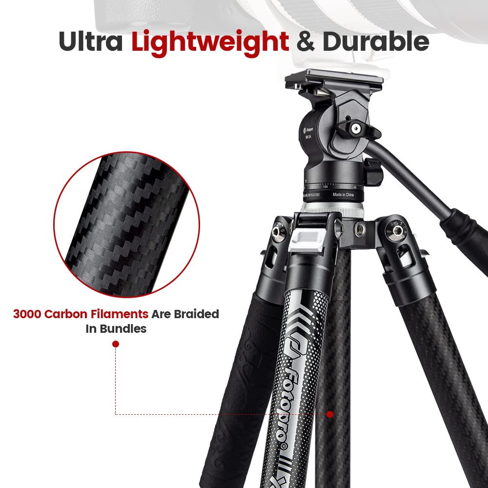 Fotopro Video Travel Tripod 60'' Lightweight 2.18lbs Carbon Fiber Camera Tripod with Quick Release 1/4" Screw Video Head for DSLR Camera Projector Maxload 22lbs Grey - Fotopro AMZ