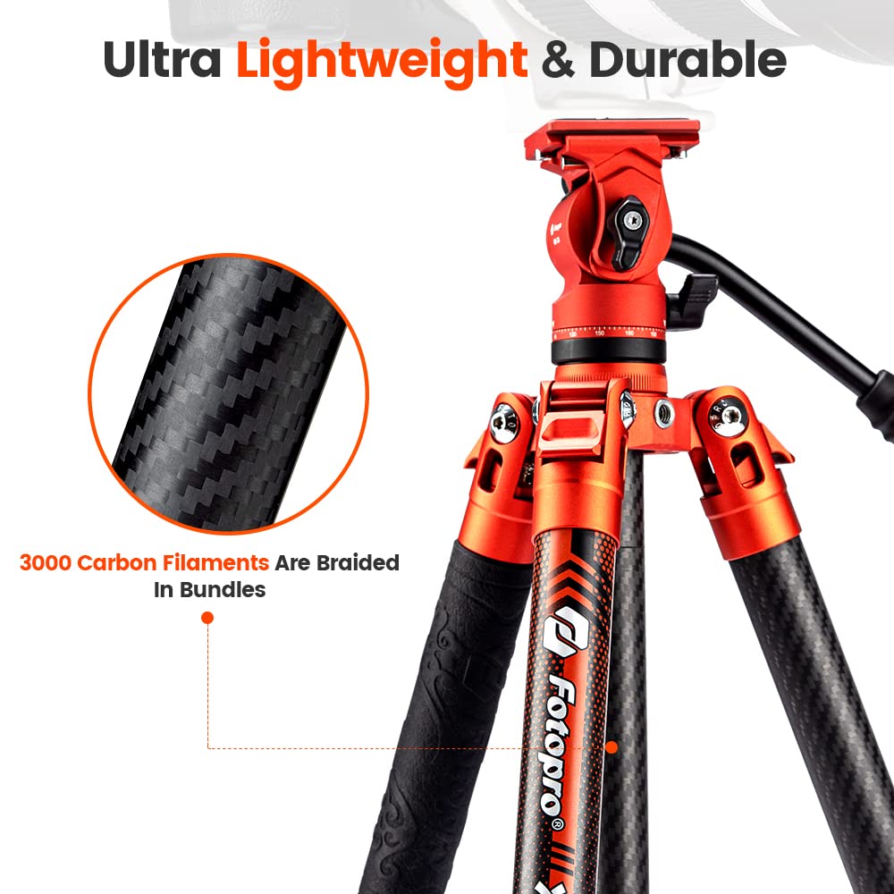 Fotopro Video Travel Tripod 60'' Lightweight 2.18lbs Carbon Fiber Camera Tripod with Quick Release 1/4" Screw Video Head for DSLR Camera Projector Maxload 22lbs Orange - Fotopro AMZ